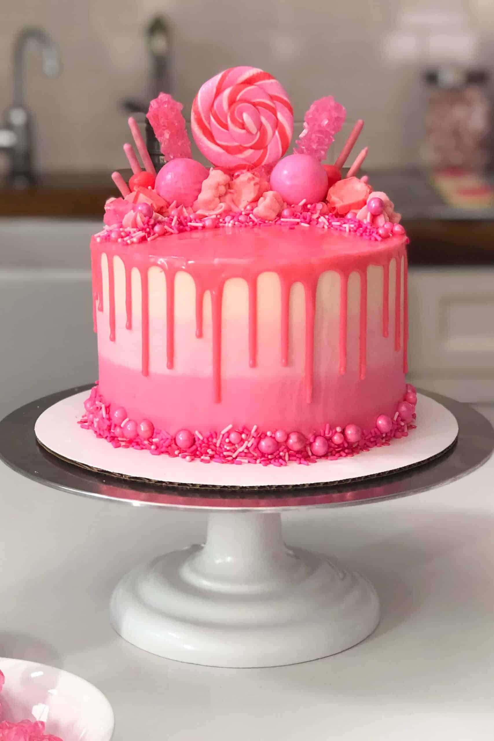 A pink coloured cake